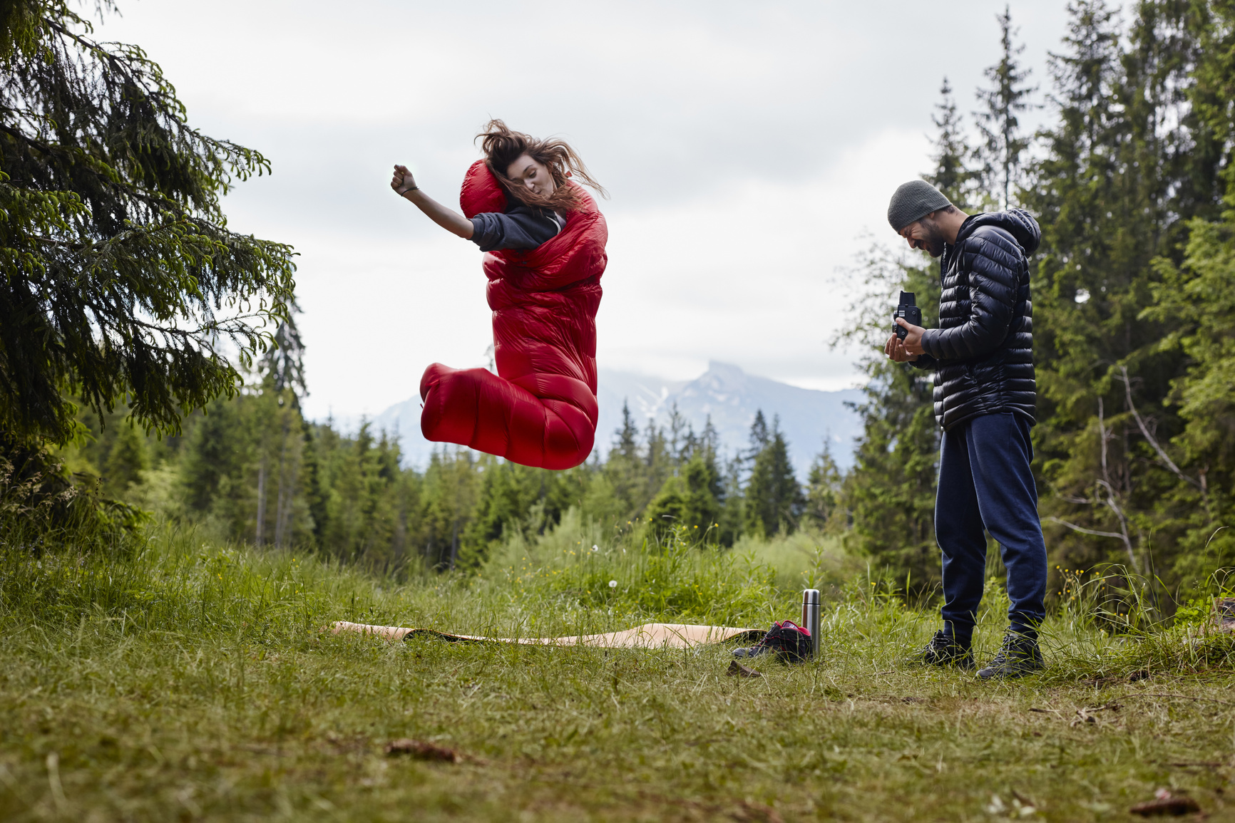 Having fun in a sleeping bag